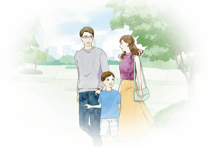 家族が公園を歩いている